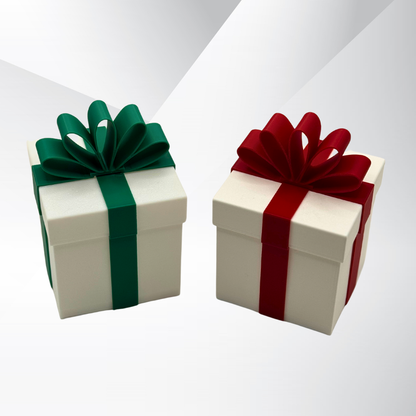 Two white Christmas packages that light up. One with a green ribbon and one with a red ribbon with a silver gradient background.