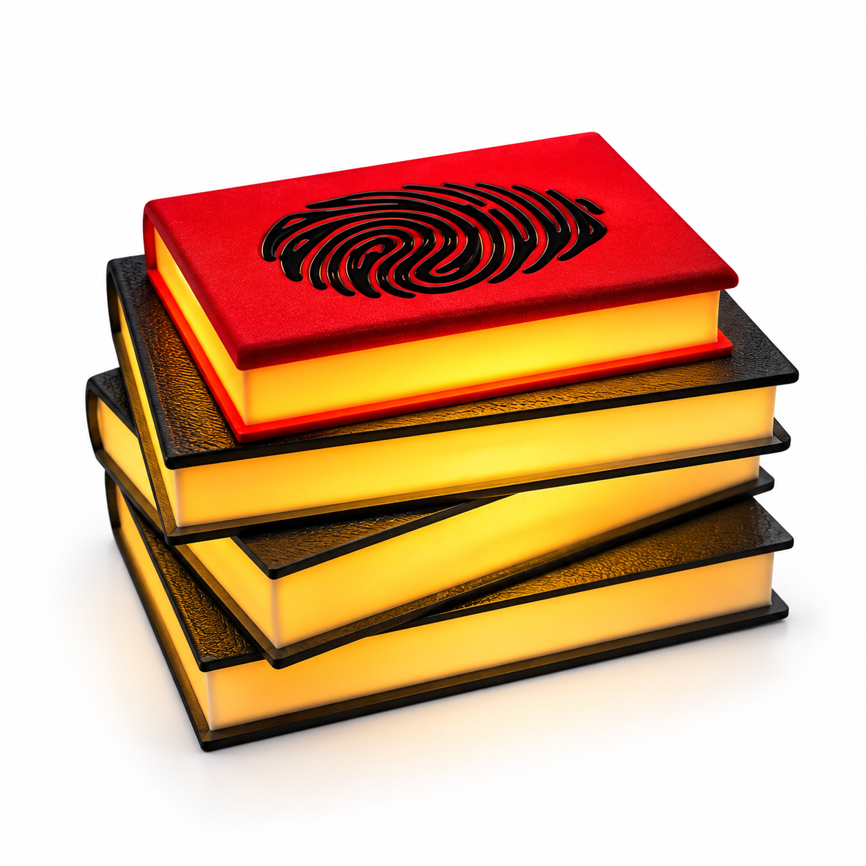 The front view of the true crime book light turned on while on a white background.
