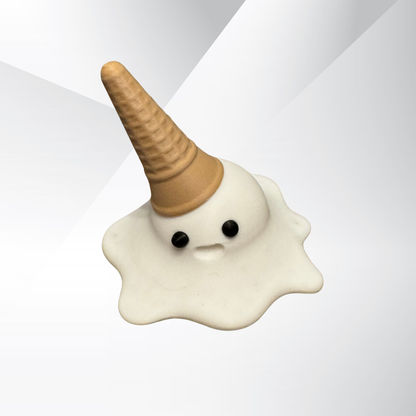 View of the vanilla 3d printed melting ice cream cone made by Chronic Concepts on a grey gradient background.