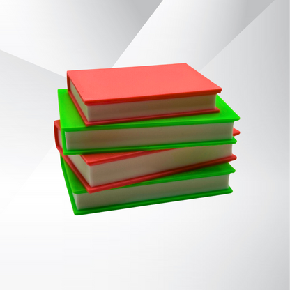 Neon green and pink light up stack of books with a white and silver background.