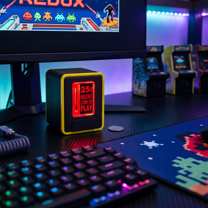 A retro insert coin cube displaying '25¢ INSERT COIN TO PLAY' sitting on a gaming desk next to a keyboard and mouse pad, with arcade machines and a monitor in the background.