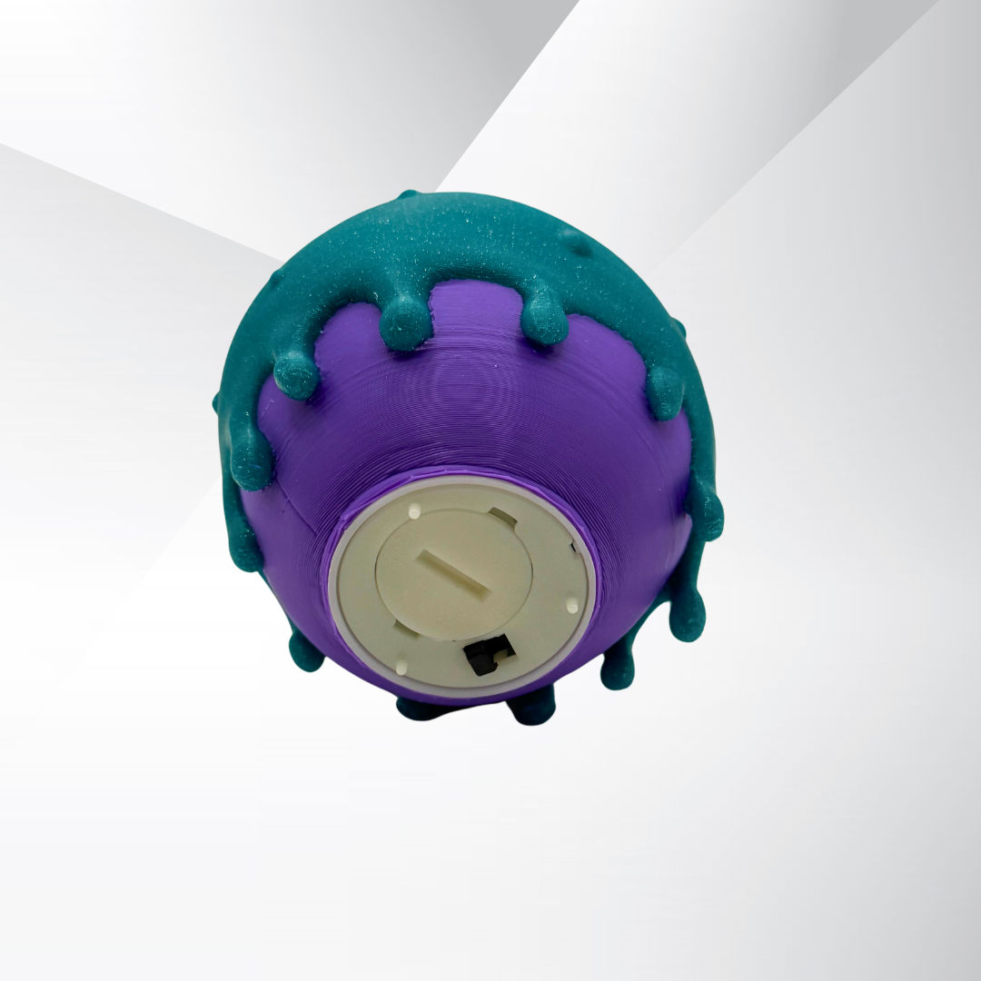 The bottom view of a poison candy apple light with the light turned off on a white and silver background.