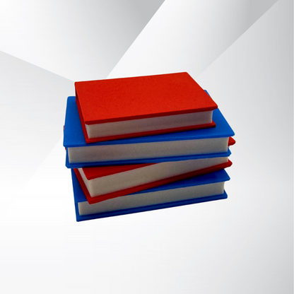 Vibrant red and blue light up stack of books with a white and silver background.