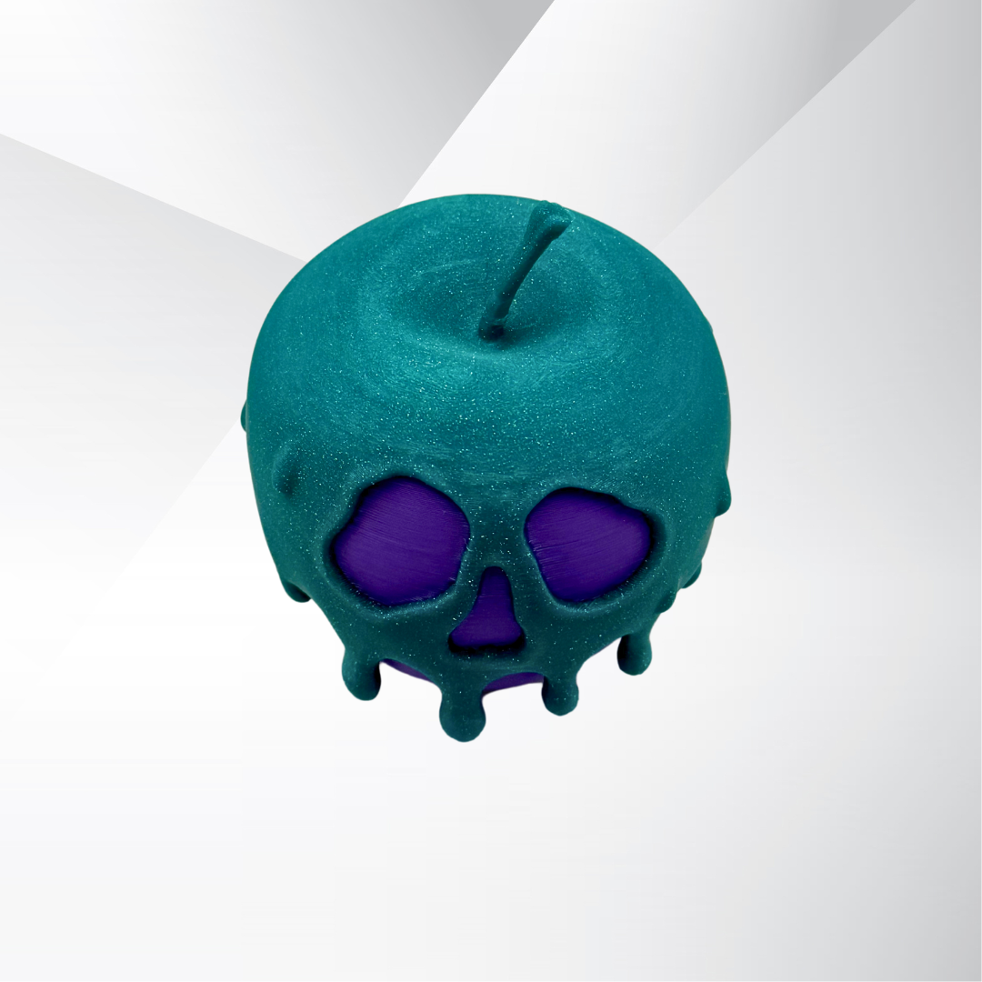The top view of a poison candy apple light with the light turned off on a white and silver background.